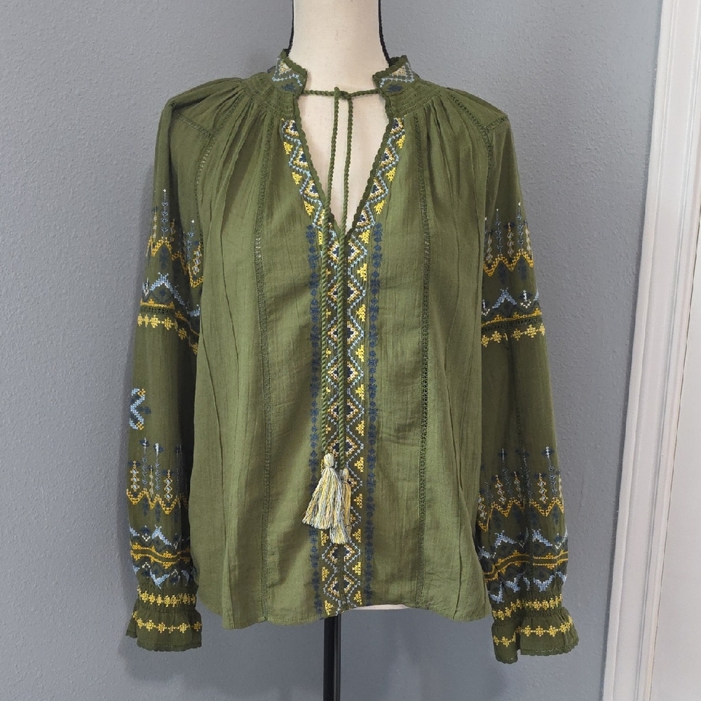 Sundance Olive Embroidered Peasant Blouse with Tassel Tie